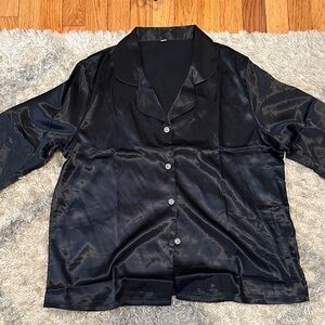 Black Satin Ruffle Button-Up PJ set